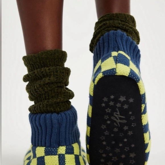 NWT Free People Sleepover Bootie Slippers, checker blue and yellow, size 8 - Picture 2 of 14